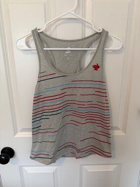 Gray Striped Racerback Tank Top with Red Logo Accent